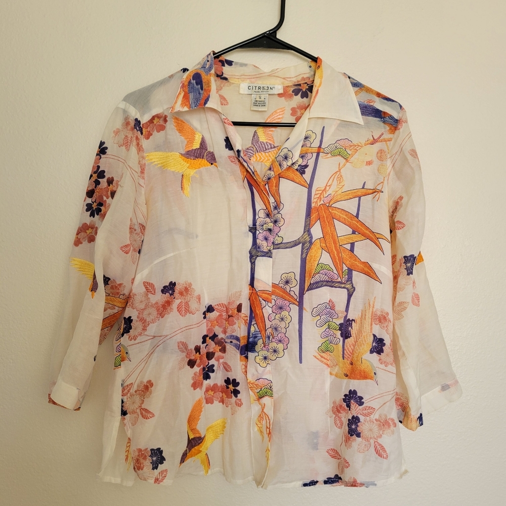 Citron santa monica true vintage Embroidered sparrow floral light weight shirt